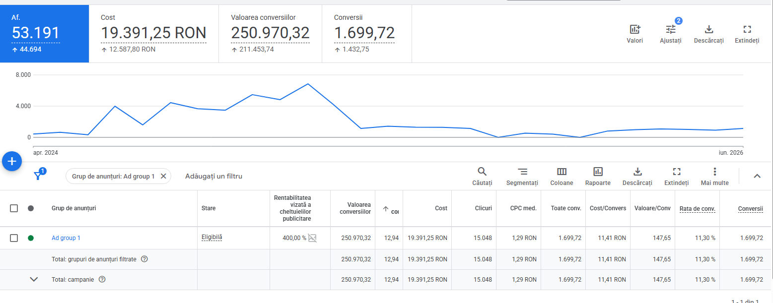 Raport Google Ads al campaniei de parfumerie: cost, valoarea conversiilor și conversii